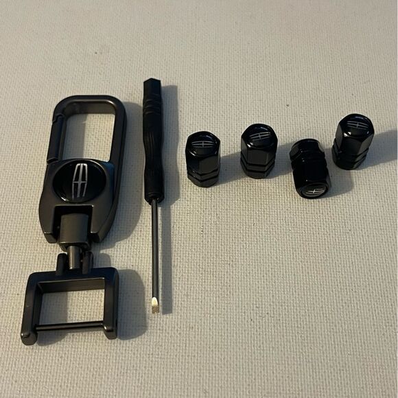 Lincoln Logo Key Fob Keychain in Metal and Valve Stem Caps in Black NWT - Picture 2 of 5